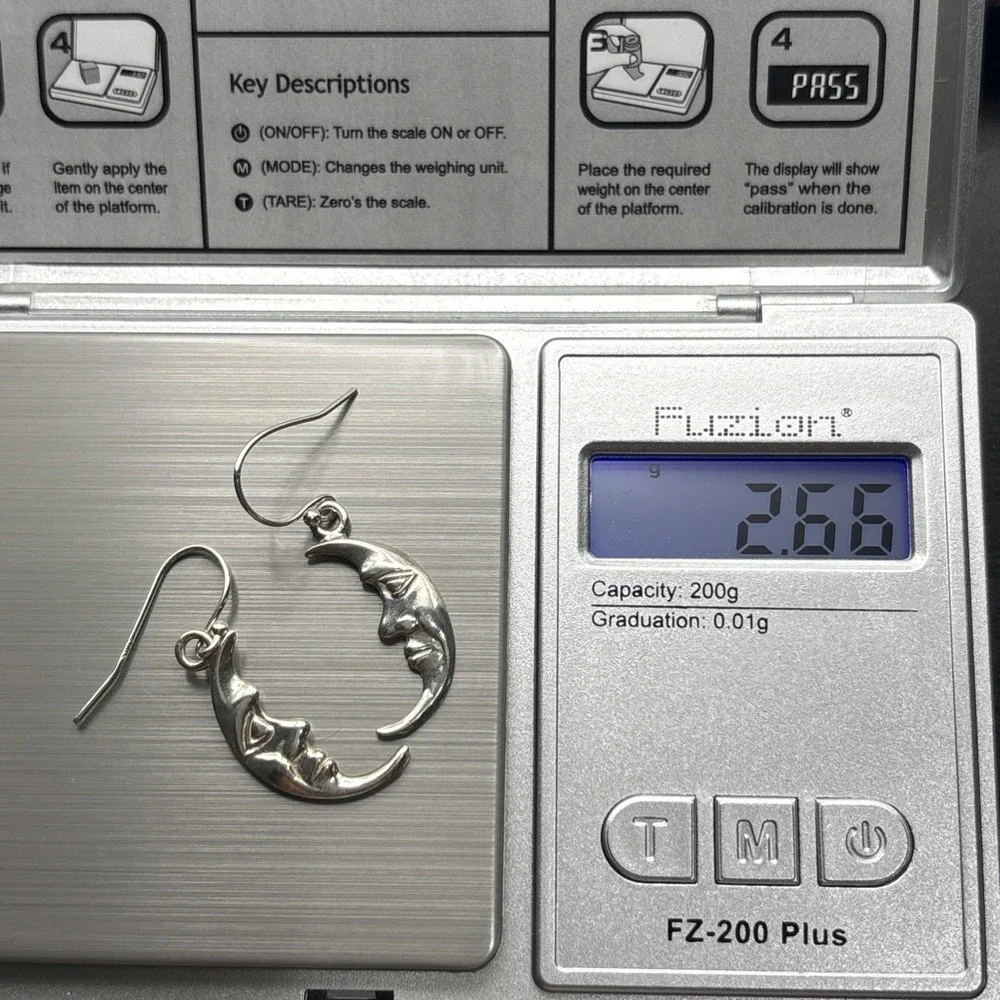 Vtg 925 Sterling Silver Crescent Moon Face Pierced Dangle Drop Earrings 1